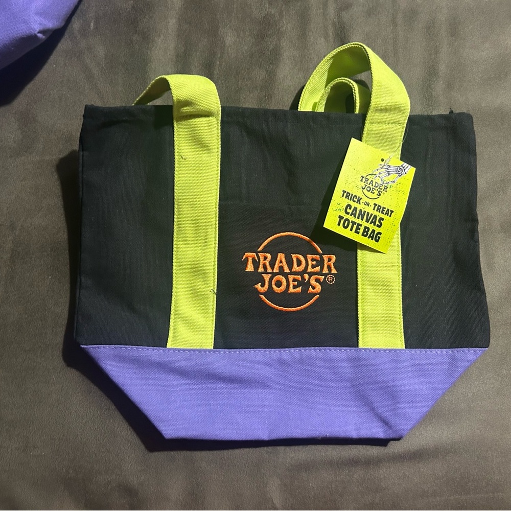 Trader Joe's Black and Purple Canvas Tote Bag